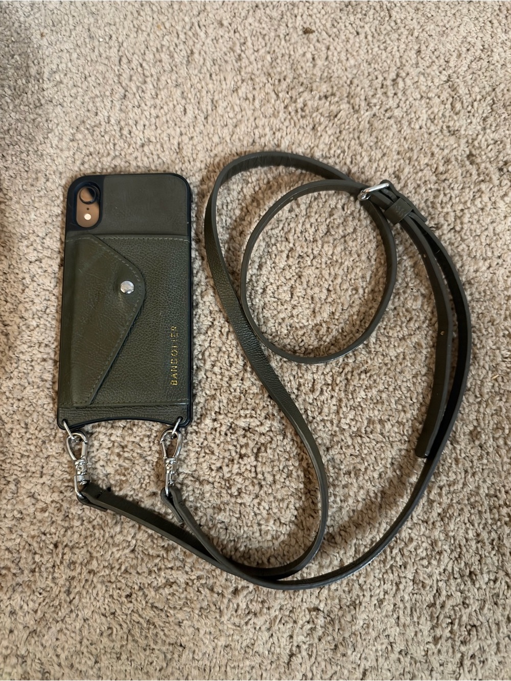 Bandolier Green Leather Crossbody XR iPhone Case with Thin Strap